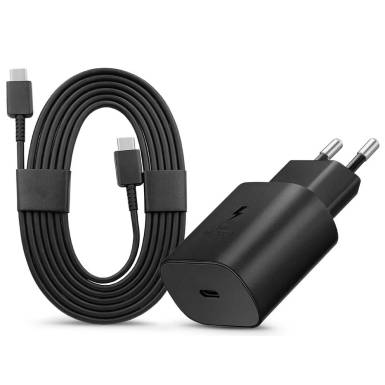 Samsung Samsung gyári hálózati töltő adapter Type-C bemenettel + 1,8 m-es Type-C -Type-C kábel - 25W - EP-TA800EBE + EP-DW767JBE - fekete (ECO csomagolás) SAM-0951 Samsung Samsung gyári hálózati töltő adapter Type-C bemenettel + 1,8 m-es Type-C -Type-C kábel - 25W - EP-TA800EBE + EP-DW767JBE - fekete (ECO csomagolás) SAM-0951