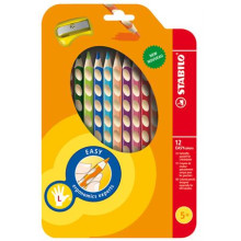 Színes ceruza készlet, háromszögletű, balkezes, STABILO "EasyColours", 12 különböző szín