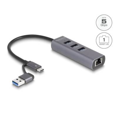 DeLock 3Port USB 5 Gbps Hub + Gigabit LAN with USB Type-C or USB Type-A connector in metal case 64282 DeLock 3Port USB 5 Gbps Hub + Gigabit LAN with USB Type-C or USB Type-A connector in metal case 64282