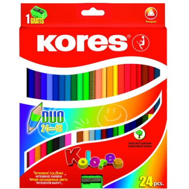 KORES Színes ceruza készlet, kétvégű, háromszögletű, KORES "Duo", 24 különböző szín