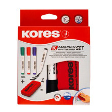 KORES Tábla- és flipchart marker készlet mágneses táblatörlő szivaccsal, 1-3 mm, kúpos KORES, 4 különböző szín