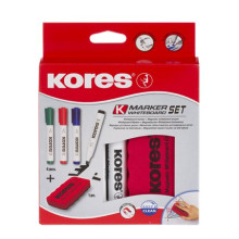 KORES Tábla- és flipchart marker készlet mágneses táblatörlő szivaccsal, 1-4 mm, vágott, KORES, 4 különböző szín