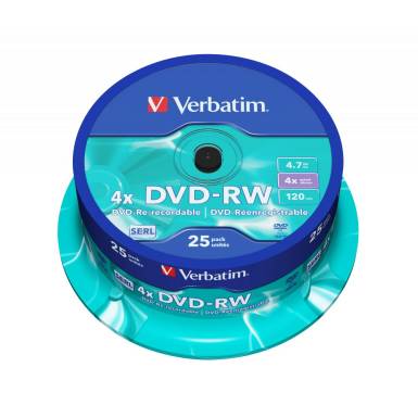 Verbatim DVD-RW 4,7Gb 4x Hengeres 25db/csomag (25-es címke) 43639 Verbatim DVD-RW 4,7Gb 4x Hengeres 25db/csomag (25-es címke) 43639