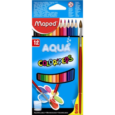 MAPED Akvarell ceruza készlet, háromszögletű, ecsettel, MAPED "Color`Peps", 12 különböző szín