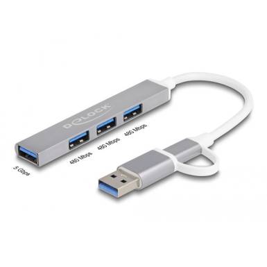 DeLock 4 Port Slim USB Hub with USB Type-C or USB Type-A to 3xUSB 2.0 Type-A female + 1 x USB 5 Gbps Type-A female Grey 64214 DeLock 4 Port Slim USB Hub with USB Type-C or USB Type-A to 3xUSB 2.0 Type-A female + 1 x USB 5 Gbps Type-A female Grey 64214
