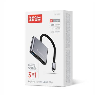 COLORWAY USB hub (dokkol&oacute;&aacute;llom&aacute;s) ColorWay USB-C 3 az 1-ben Type C PD 100W/USB3.0/HDMI 4K (CW-HUB08) CW-HUB08