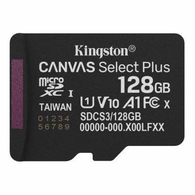 Kingston 128GB microSDXC Canvas Select Plus Gen3 Class 10 UHS-1 A1 V10 adapter nélkül SDCS3/128GBSP Kingston 128GB microSDXC Canvas Select Plus Gen3 Class 10 UHS-1 A1 V10 adapter nélkül SDCS3/128GBSP