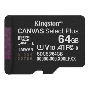 Kingston 64GB microSDXC Canvas Select Plus Gen3 Class 10 UHS-1 A1 V10 adapter n&eacute;lk&uuml;l SDCS3/64GBSP