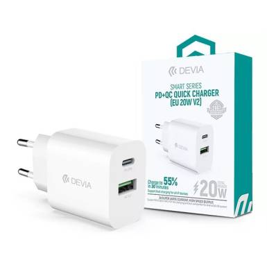 DEVIA ST38524 HÁLÓZATI TÖLTŐ ADAPTER TYPE-C + USB BEMENETTEL - 20W - SMART SERIES PD3.0 + QC3.0 QUICK CHARGER V2 - FEHÉR ST385247 DEVIA ST38524 HÁLÓZATI TÖLTŐ ADAPTER TYPE-C + USB BEMENETTEL - 20W - SMART SERIES PD3.0 + QC3.0 QUICK CHARGER V2 - FEHÉR ST385247