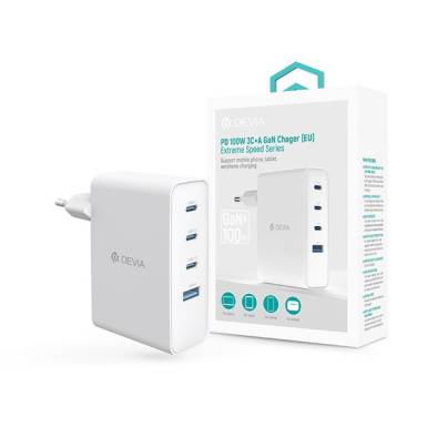 Devia Extreme Speed Series 100W GaN PD hálózati gyorstöltő adapter USB+3xType-C - fehér ST121430 Devia Extreme Speed Series 100W GaN PD hálózati gyorstöltő adapter USB+3xType-C - fehér ST121430