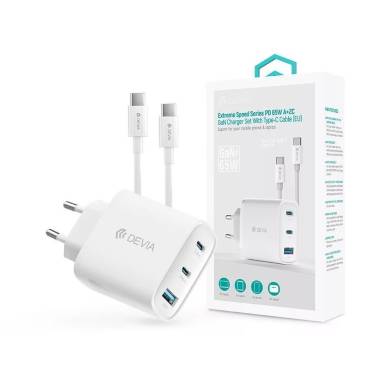 Devia Extreme Speed Series 65W GaN PD hálózati gyorstöltő adapter, USB+2x USB-C, Type-C kábel, fehér ST111967 Devia Extreme Speed Series 65W GaN PD hálózati gyorstöltő adapter, USB+2x USB-C, Type-C kábel, fehér ST111967
