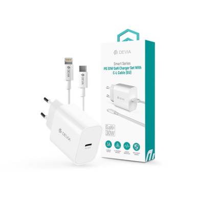 Devia Smart Series 30W GaN PD+QC hálózati gyorstöltő adapter + Type-C/Lightning kábel - fehér ST109568 Devia Smart Series 30W GaN PD+QC hálózati gyorstöltő adapter + Type-C/Lightning kábel - fehér ST109568