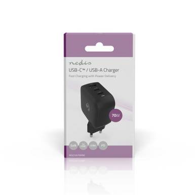 Nedis WGCHA70WBK töltő 70 W, GaN, PD3.0, QC 1,5 / 2,25 / 2,5 / 3,0 / 3,5 A, Kimenetek száma: 3, USB-A / 2x USB-C WGCHA70WBK Nedis WGCHA70WBK töltő 70 W, GaN, PD3.0, QC 1,5 / 2,25 / 2,5 / 3,0 / 3,5 A, Kimenetek száma: 3, USB-A / 2x USB-C WGCHA70WBK