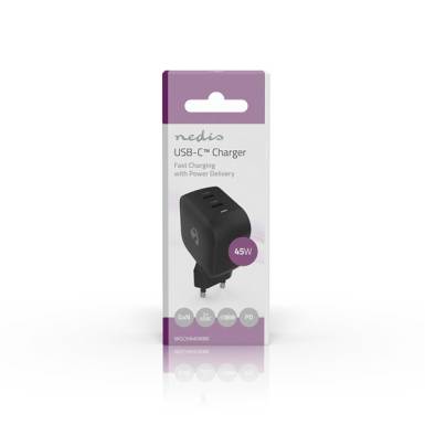Nedis WGCHA45WBK töltő 45 W | GaN | PD3.0, Gyorstöltési funkció, 2,25 / 3,0 A, 2x USB-C, Automatikus feszültségválasztás WGCHA45WBK Nedis WGCHA45WBK töltő 45 W | GaN | PD3.0, Gyorstöltési funkció, 2,25 / 3,0 A, 2x USB-C, Automatikus feszültségválasztás WGCHA45WBK