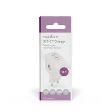 Nedis WGCHA45WWT t&ouml;ltő 45 W | GaN | PD3.0, Gyorst&ouml;lt&eacute;si funkci&oacute;, 2,25 / 3,0 A, 2x USB-C, Automatikus fesz&uuml;lts&eacute;gv&aacute;laszt&aacute;s WGCHA45WWT