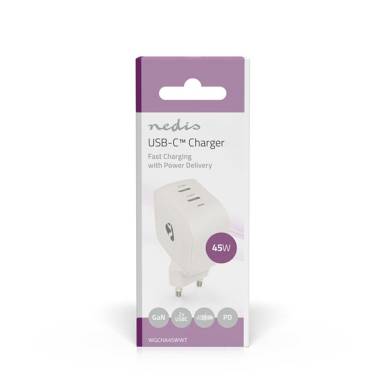 Nedis WGCHA45WWT töltő 45 W | GaN | PD3.0, Gyorstöltési funkció, 2,25 / 3,0 A, 2x USB-C, Automatikus feszültségválasztás WGCHA45WWT Nedis WGCHA45WWT töltő 45 W | GaN | PD3.0, Gyorstöltési funkció, 2,25 / 3,0 A, 2x USB-C, Automatikus feszültségválasztás WGCHA45WWT