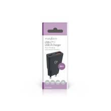 Nedis WCHA20BK gyorst&ouml;ltő USB-A / USB-C t&ouml;ltő, GaN, PD3.0, 20W, fekete WCHA20BK