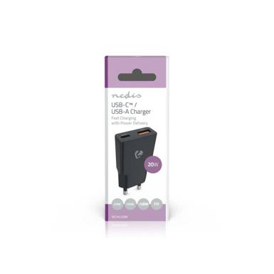Nedis WCHA20BK gyorstöltő USB-A / USB-C töltő, GaN, PD3.0, 20W, fekete WCHA20BK Nedis WCHA20BK gyorstöltő USB-A / USB-C töltő, GaN, PD3.0, 20W, fekete WCHA20BK