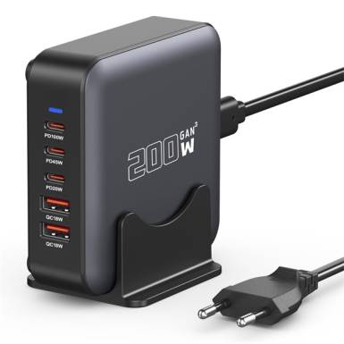 BLACKBIRD Hálózati Töltő Hordozható GAN 200W 3USB-C PD + 2xUSB QC, Fekete BH1671 BLACKBIRD Hálózati Töltő Hordozható GAN 200W 3USB-C PD + 2xUSB QC, Fekete BH1671