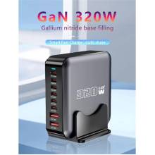 BLACKBIRD H&aacute;l&oacute;zati T&ouml;ltő GAN 320W 1xUSB-C PD100W + 1xUSB-C PD65W + 4xUSB-C PD30W + 2xUSB QC18W, Fekete BH1666