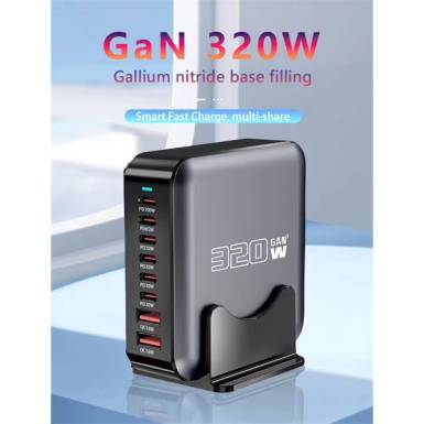 BLACKBIRD H&aacute;l&oacute;zati T&ouml;ltő GAN 320W 1xUSB-C PD100W + 1xUSB-C PD65W + 4xUSB-C PD30W + 2xUSB QC18W, Fekete BH1666