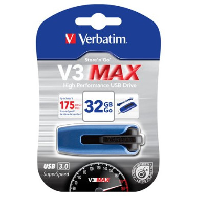 Pendrive, 32GB, USB 3.0, 175/80 MB/sec, VERBATIM "V3 MAX", kék-fekete