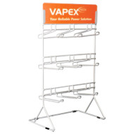 Fém termékbemutató állvány VAPEX akkumulátorokhoz és töltőkhöz.