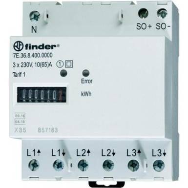 DIN sínre szerelhető fogyasztásmérő 65 A, 3 x 230 V/AC, 3 fázis, 999999.9 kWh, Finder 7E.36.8.400.0010 DIN sínre szerelhető fogyasztásmérő 65 A, 3 x 230 V/AC, 3 fázis, 999999.9 kWh, Finder 7E.36.8.400.0010