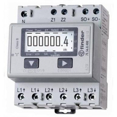DIN s&iacute;nre szerelhető, digit&aacute;lis fogyaszt&aacute;sm&eacute;rő 6 A, 3 x 230 V/AC, 3 f&aacute;zis, MID, Finder 7E.56.8.400.0010