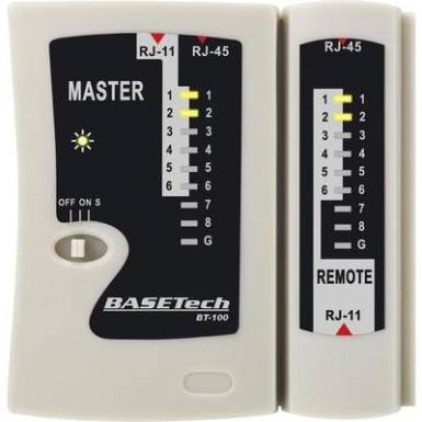 K&aacute;belvizsg&aacute;l&oacute; k&eacute;sz&uuml;l&eacute;k, k&aacute;belteszter, RJ-45/RJ-11-hez, Basetech BT-100
