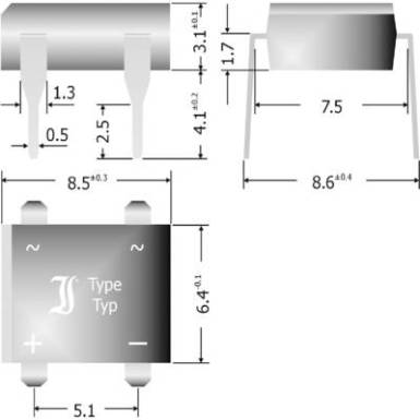 Szilícium hídegyenirányító, ház típus: DIL (7,5 x 5,1 mm Raster), névleges áram 1 A, U(RRM) 1000 V, Diotec B500D Szilícium hídegyenirányító, ház típus: DIL (7,5 x 5,1 mm Raster), névleges áram 1 A, U(RRM) 1000 V, Diotec B500D