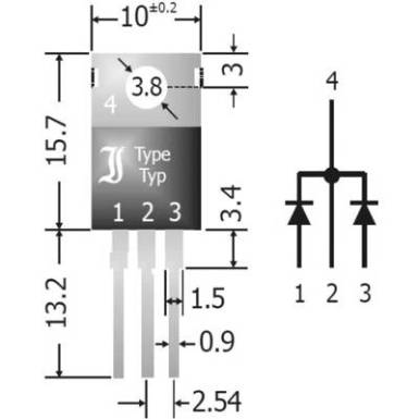 Diotec egyenirányító dióda (Array), 20 A 40 V, közös katód, SBCT2040 Diotec egyenirányító dióda (Array), 20 A 40 V, közös katód, SBCT2040