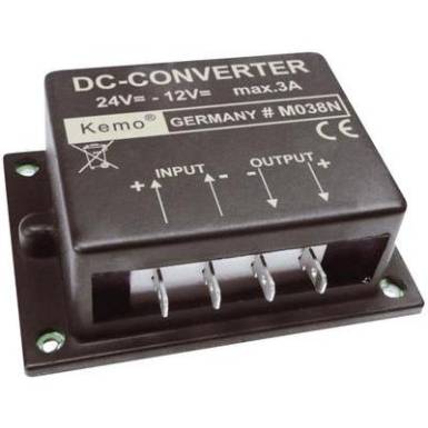 Fesz&uuml;lts&eacute;gv&aacute;lt&oacute; modul 24 V/DC-ről 12 V/DC-re, bemenet: 24 - 26 V, kimenet: 12 V, 3 A, KEMO M038N