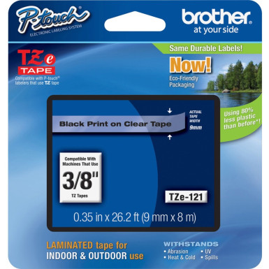 BROTHER TZE-121 LAMINATED TAPE 9MM 8M BLACK ON CLEAR