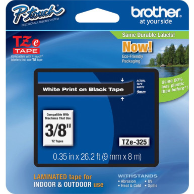 BROTHER TZE-325 LAMINATED TAPE 9MM 8M WHITE ON BLACK