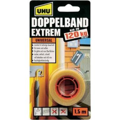 Kétoldalas ragasztószalag, UHU® "Extrem" (H x Sz) 1.5 m x 19 mm UHU, tartalom: 1 tekercs Kétoldalas ragasztószalag, UHU® "Extrem" (H x Sz) 1.5 m x 19 mm UHU, tartalom: 1 tekercs