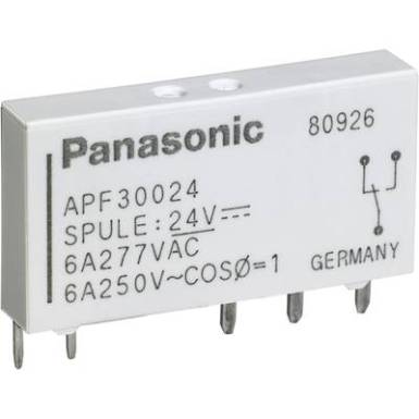 Teljesítmény relé 24 V/DC 1 záró, 6 A, 250 V/AC, 1500 VA, Panasonic APF30224 Teljesítmény relé 24 V/DC 1 záró, 6 A, 250 V/AC, 1500 VA, Panasonic APF30224