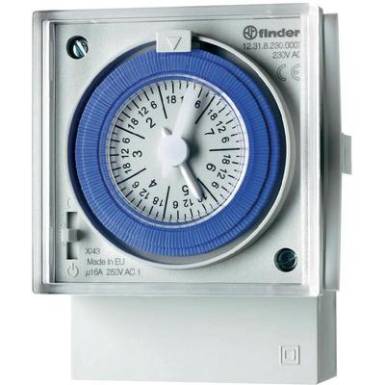Mechanikus időkapcsoló óra előlapi szereléshez 230 V/50-60 Hz, 1 váltó 16 A 250 V/AC 4000 VA, Finder 12.31.8.230.0007 Mechanikus időkapcsoló óra előlapi szereléshez 230 V/50-60 Hz, 1 váltó 16 A 250 V/AC 4000 VA, Finder 12.31.8.230.0007