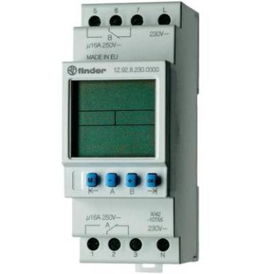 Digitális időkapcsoló óra DIN sínre 230 V/50-60 Hz, 2 váltó 16 A 250 V/AC 4000 VA, Finder 12.92.8.230.0000 Digitális időkapcsoló óra DIN sínre 230 V/50-60 Hz, 2 váltó 16 A 250 V/AC 4000 VA, Finder 12.92.8.230.0000