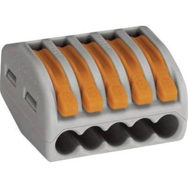 Kezelőnyelves sorkapocs 5 vezetékes, 0,08 - 4 mm² 32A, szürke/narancs, 40 db, WAGO 222-415/VE00-040 Kezelőnyelves sorkapocs 5 vezetékes, 0,08 - 4 mm² 32A, szürke/narancs, 40 db, WAGO 222-415/VE00-040