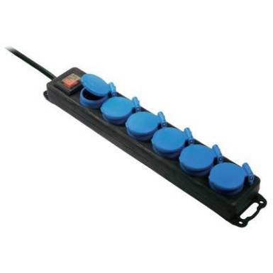 Kapcsolós hálózati elosztó, 6 részes, 1,5 m, IP44, fekete/kék, H07RN-F 3G 1,5 mm², AS Schwabe 38606 Kapcsolós hálózati elosztó, 6 részes, 1,5 m, IP44, fekete/kék, H07RN-F 3G 1,5 mm², AS Schwabe 38606