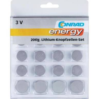 Lítium gombelem készlet 20 részes Conrad Energy 2xCR1025/CR1620/CR1632/CR2016/CR2430/CR2450, 4xCR2025/CR2032 Lítium gombelem készlet 20 részes Conrad Energy 2xCR1025/CR1620/CR1632/CR2016/CR2430/CR2450, 4xCR2025/CR2032