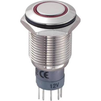 Vandálbiztos nyomókapcsoló körvilágítással, 16 mm, 250 V/AC 3A, piros, LAS2GQF-11ZE/R/12V/N/P Vandálbiztos nyomókapcsoló körvilágítással, 16 mm, 250 V/AC 3A, piros, LAS2GQF-11ZE/R/12V/N/P