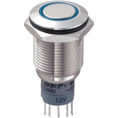 Vandálbiztos nyomókapcsoló körvilágítással, 16 mm, 250 V/AC 3A, kék, LAS2GQF-11ZE/B/12V/N/P Vandálbiztos nyomókapcsoló körvilágítással, 16 mm, 250 V/AC 3A, kék, LAS2GQF-11ZE/B/12V/N/P