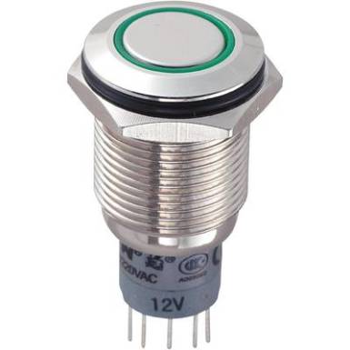 Vandálbiztos nyomógomb kör világítással, zöld, 16 mm, 250V/AC, 3A, LAS2GQF-22E/G/12V/N/P Vandálbiztos nyomógomb kör világítással, zöld, 16 mm, 250V/AC, 3A, LAS2GQF-22E/G/12V/N/P