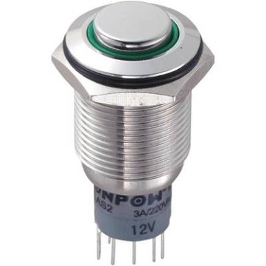 Vandálbiztos nyomógomb kör világítással, zöld, 16 mm, 250V/AC, 3A, LAS2GQH-22E/G/12V/S/P Vandálbiztos nyomógomb kör világítással, zöld, 16 mm, 250V/AC, 3A, LAS2GQH-22E/G/12V/S/P