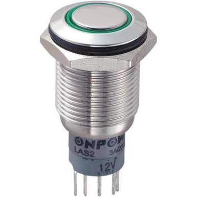 Vandálbiztos nyomókapcsoló körvilágítással, 16 mm, 250 V/AC 3A, zöld, LAS2GQF-11ZE/G/12V/S/P Vandálbiztos nyomókapcsoló körvilágítással, 16 mm, 250 V/AC 3A, zöld, LAS2GQF-11ZE/G/12V/S/P