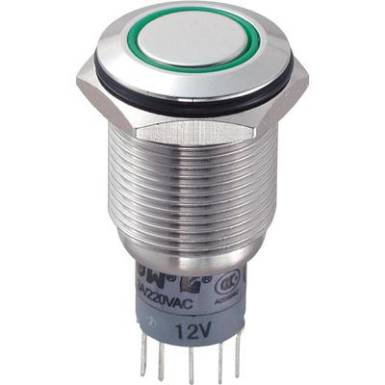 Vandálbiztos nyomógomb kör világítással, zöld, 16 mm, 250V/AC, 3A, LAS2GQF-22E/G/12V/S/P Vandálbiztos nyomógomb kör világítással, zöld, 16 mm, 250V/AC, 3A, LAS2GQF-22E/G/12V/S/P