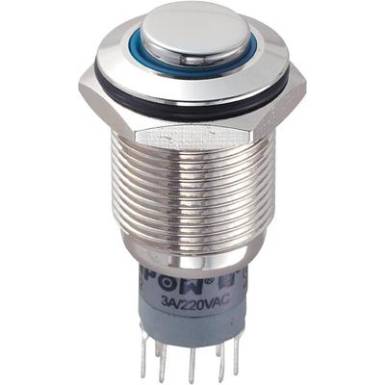 Vandálbiztos nyomókapcsoló körvilágítással, 16 mm, 250 V/AC 3A, kék, LAS2GQH-22ZE/B/12V/N/P Vandálbiztos nyomókapcsoló körvilágítással, 16 mm, 250 V/AC 3A, kék, LAS2GQH-22ZE/B/12V/N/P