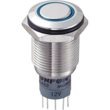 Vandálbiztos nyomókapcsoló körvilágítással, 16 mm, 250 V/AC 3A, kék, LAS2GQF-11ZE/B/12V/S/P Vandálbiztos nyomókapcsoló körvilágítással, 16 mm, 250 V/AC 3A, kék, LAS2GQF-11ZE/B/12V/S/P